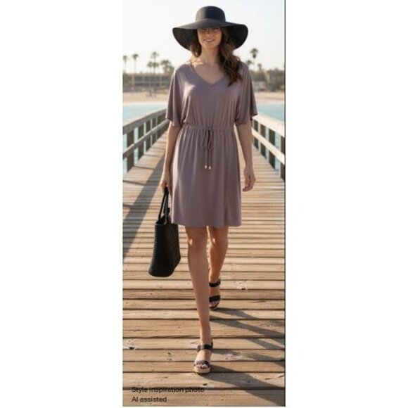 CALVIN KLEIN - Taupe pullover v-neck batwing dress with drawstring waist - Picture 2 of 10